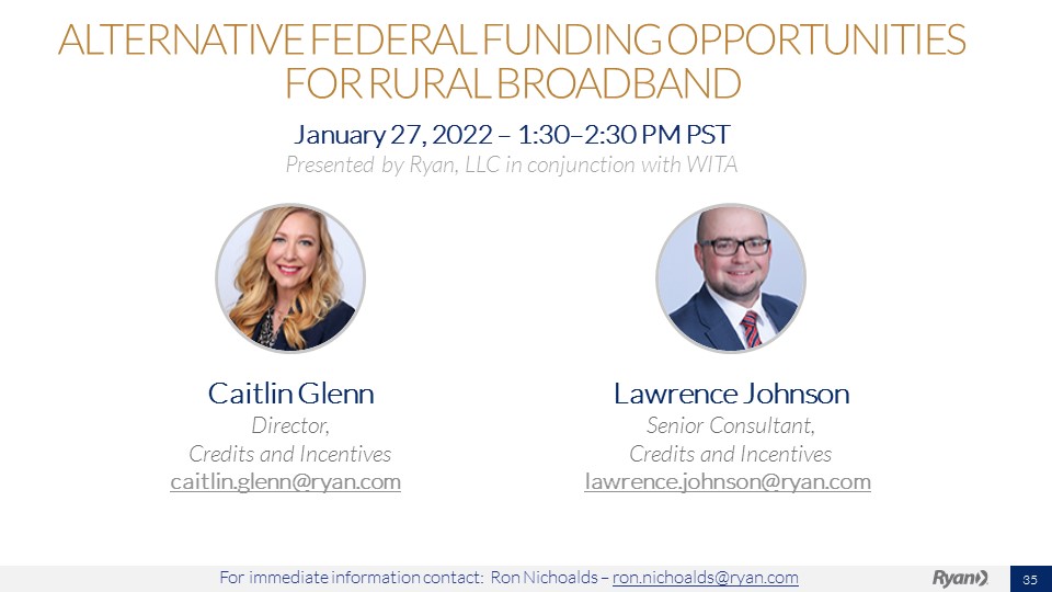 Picture of speakers Caitlin Glenn (left) and Lawrence Johnson (right) advertising the upcoming session on Alternative Federal Funding Opportunities for Rural Broadband