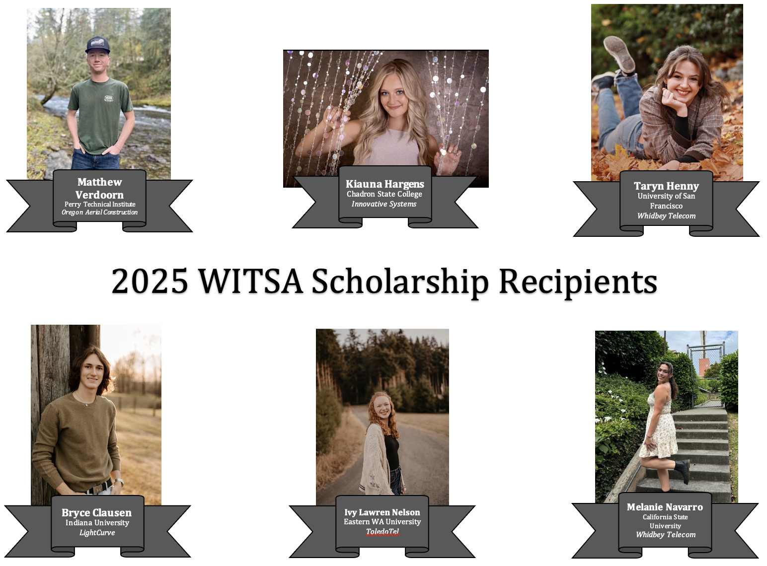 Senior photos of 2025 scholarship winners. Left to right top row is Matthew Verdoorn, Kiauna Hargens, Taryn, Henry. Bottom row left to right is: Bryce Clausen, Ivy Lawren Nelson, Melanie Navarro